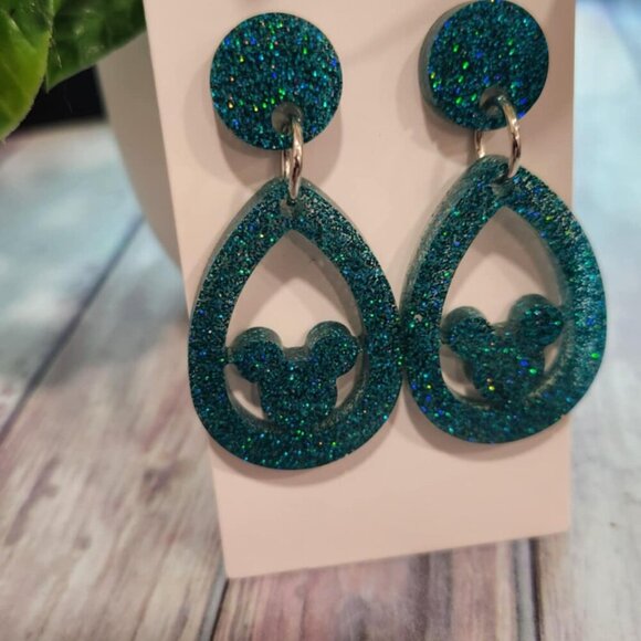 Mouse Resin Earrings - Teal Micro Glitter - Picture 5 of 6
